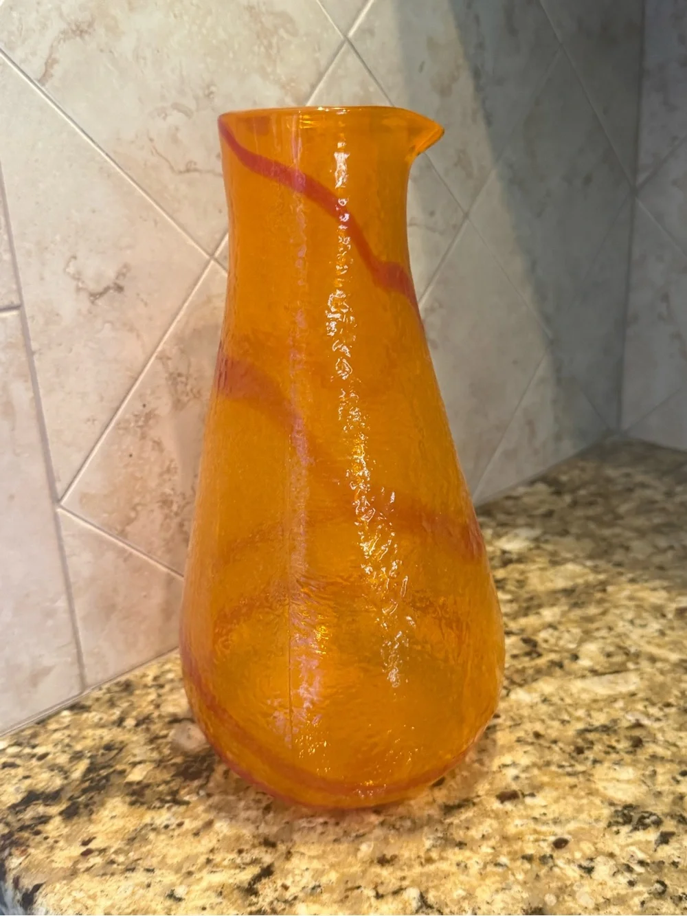 Pier 1 Imports Orange Red Swirl Mouth Blown Art Glass Canyon WATER PITCHER 11.5